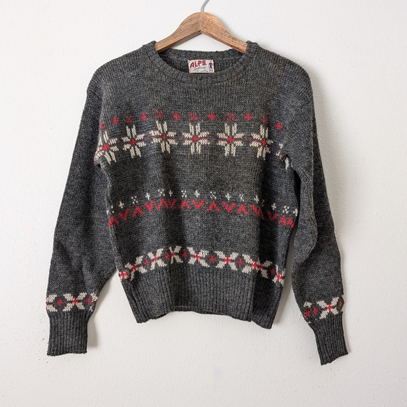 Vintage 50s 60s Alps Sportswear Wool Sweater, Nordic Print Gray & Red - Picture 1 of 8